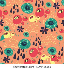 Seamless floral pattern with abstract elements on bright orange background. Perfect for backgrounds, wallpapers, textile design, especially kids clothing.