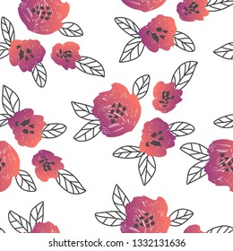 Seamless floral pattern, abstract  elements,  pink flowers, hand drawn, vector illustration