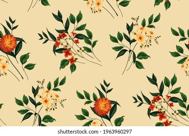 Seamless floral pattern, abstract flower print of large hand-drawn plants. Elegant botanical design: orange flowers, small branch flowers, leaves on a light background. Vector illustration in vintage.