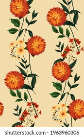 Seamless floral pattern, abstract flower print in elegant vintage style. Botanical design of large hand-drawn plants, flowers, leaves on light background. Nature wallpaper decor, vector illustration.