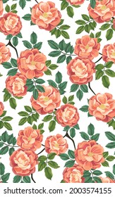 Seamless floral pattern, abstract flower print in romantic vintage motif. Pretty botanical design of large hand-drawn flowers, leaves on a white background. Repeat pattern, vector illustration.