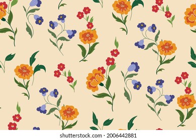 Seamless floral pattern, abstract flower print in vintage folk motif. Cute botanical design: small and large hand-drawn wild flowers, leaves, simple plants on a light field. Vector illustration.