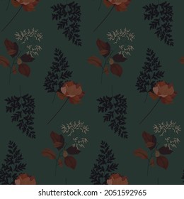 Seamless floral pattern, abstract flower print of hand drawn wild flowers, herb. Elegant botanical design, ornament in vintage motif: dry flowers, brown leaves on dark background. Vector illustration.