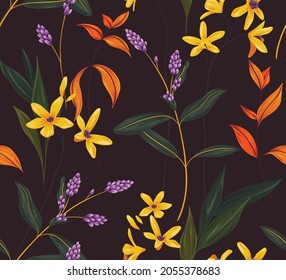 Seamless floral pattern, abstract flower print in a colorful vintage motif. Beautiful botanical design of wild hand drawn flowers, leaves, foliage, branches on a dark background. Vector illustration.