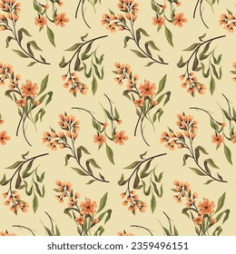 Seamless floral pattern, abstract flower print in vintage rustic style. Beautiful botanical design in autumn colors: hand drawn small flowers, leaves, branches in bunches on a light background. Vector