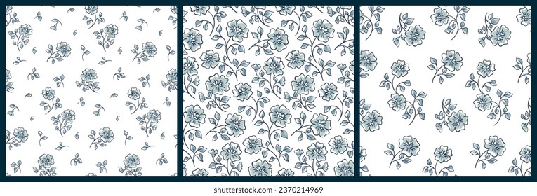 Seamless floral pattern, abstract flower print with folk, rustic motif in the collection. Simple botanical design with sketch plants: hand drawn flowers branches on a white background. Vector.