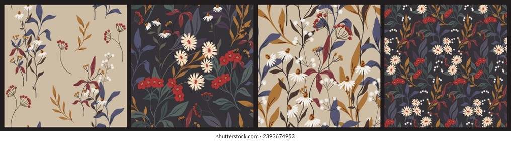 Seamless floral pattern, abstract flower print with vintage wild plants in the collection. Elegant botanical design: small hand drawn flowers, branches, leaves, herbs on a dark background. Vector.