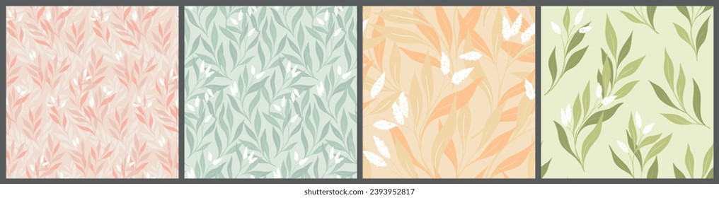 Seamless floral pattern, abstract flower print with hand drawn branches. Delicate botanical design in vintage style: small tassels of flowers, branches, large leaves in light colors. Vector collection