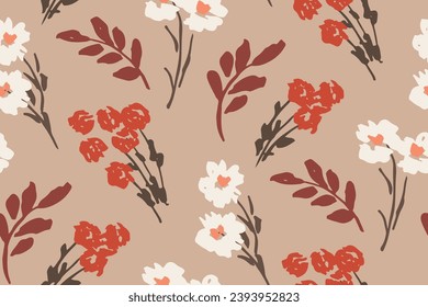 Seamless floral pattern, abstract flower print with isolated sketch plants. Cute botanical design with a simple country motif: small hand drawn wild flowers, leaves on beige. Vector ditsy pattern.