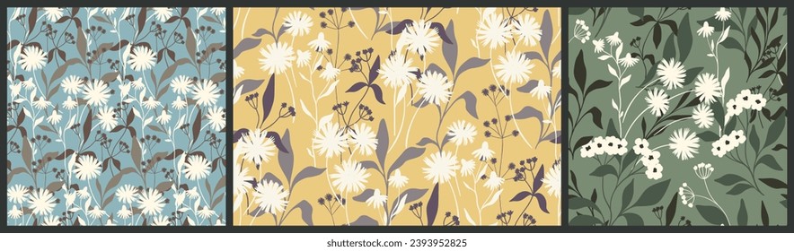 Seamless floral pattern, abstract flower print with silhouettes of wild plants in the collection. Beautiful botanical design of hand drawn small flowers, branches, large leaves, herbs. Vector ditsy.