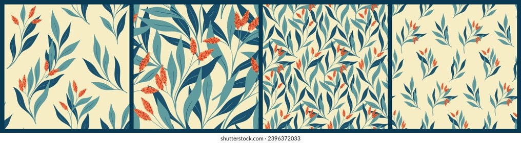 Patrón floral sin foco, huella de flor abstracta con motivos vintage. Colección de diseño botánico: ramas dibujadas a mano, pequeños borlos de flores, hojas grandes sobre un fondo blanco. Baldosa botánica folclórica vectorial