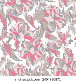 Seamless floral pattern with abstract flower garden and leaf background elements in pink and gray