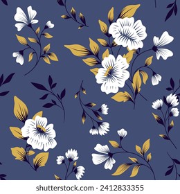 Patrón floral sin foco, impresión de flores abstractas en estilo vintage gráfico. Diseño botánico clásico: flores grandes dibujadas a mano, hojas, ramas sobre fondo azul. Elegante huella vectorial en colores de invierno.