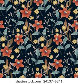 Seamless floral pattern, abstract flower print in ornate vintage style. Beautiful botanical design: large and small hand drawn wild flowers, leaves, herbs, branches on dark. Vector illustration.