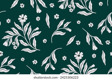 Seamless floral pattern, abstract flower print of decorative art plants in two colors. Botanical design, ornament: large hand drawn flowers, branches, leaves on a dark background. Vector illustration.