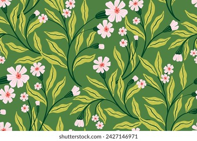 Seamless floral pattern, abstract flower print, folk motif ornament. Decorative botanical design: hand drawn flowers branches, large  leaves abstract on a green background. Vector illustration