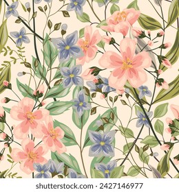 Seamless floral pattern, abstract flower print in romantic spring colors. Beautiful botanical design in watercolor motif: hand drawn flowers, branches, leaves on light background. Vector illustration