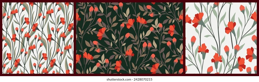 Seamless floral pattern, abstract flower print, retro ornament in the collection. Elegant botanical design in vintage motif of hand drawn red flowers, branches, dark leaves. Vector illustration.