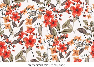 Seamless floral pattern, abstract flower print in an elegant vintage motif. Botanical design of hand drawn red flowers, branches, different herbs, leaves on a white background. Vector illustration.