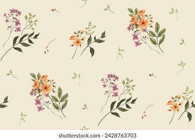 Seamless floral pattern, abstract flower print in elegant vintage style. Beautiful botanical design of hand drawn wild plants: small flowers, branches, large leaves on light field. Vector illustration