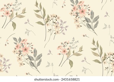 Seamless floral pattern, abstract flower print in romantic vintage style. Elegant botanical design in pink pastel colors: hand drawn wild flowers, leaves in abstract composition. Vector illustration.