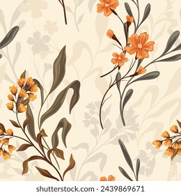 Seamless floral pattern, abstract flower print in an elegant vintage motif. Beautiful botanical wallpaper, textile design: hand drawn yellow wild flowers, large leaves, branches. Vector illustration.