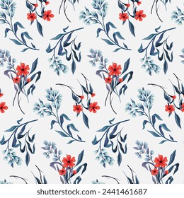 Seamless floral pattern, abstract flower print in vintage motif. Elegant botanical wallpaper, textile design: hand drawn wild flowers, blue leaves on white. Nature ornament, vector illustration.