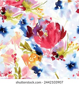 Seamless floral pattern with abstract flower and leaf background elements in red, blue and yellow