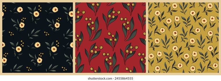 Patrón floral sin costuras, adorno de flores abstracto en elegante motivo vintage. Colección de diseño botánico, impresión de la naturaleza del otoño: dibujado a mano Pequeñas flores silvestres, hojas Grandes en la oscuridad. Ilustración vectorial.