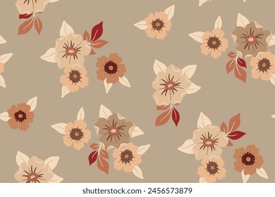 Seamless floral pattern, abstract flower ornament, decorative art ditsy print in natural beige colors. Botanical surface design: hand drawn flowers, leaves, small simple bouquets. Vector illustration.