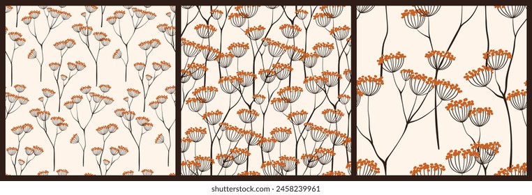 Seamless floral pattern, abstract flower ornament in Asian style. Elegant botanical design collection, nature wallpaper print: thin branches, small tassels of flowers on a light. Vector illustration.