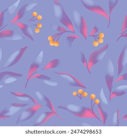 Seamless floral pattern, abstract flower print in bright retro motif. Artistic botanical design: hand drawn small berries, purple leaves, branches, large foliage. Vector illustration.