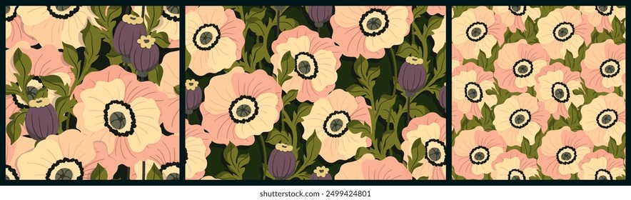 Seamless floral pattern, abstract flower print of decorative wild plants. Vintage botanical design collection: large white poppy flowers, leaves, hand drawn flora in old style. Vector illustration.