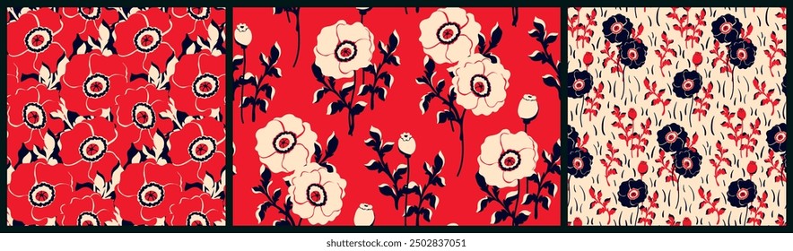 Patrón floral sin fisuras, impresión abstracta de la flor, ornamento de la naturaleza en estilo retro. Diseño botánico gráfico: Grandes flores de amapola dibujadas a mano, hojas. Ilustración vectorial, decoración de Fondo de pantalla de flores silvestres rojas