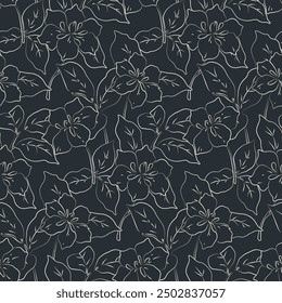 Seamless floral pattern, abstract flower print, ditsy sketch decor. Elegant botanical design: line art, hand drawn large lily flowers, small leaves on dark. Black white, two colors vector illustration