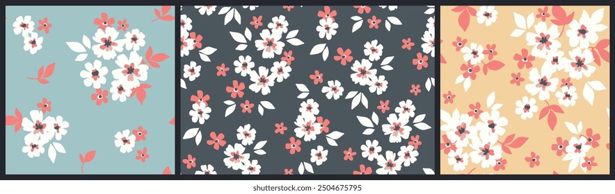 Patrón floral sin fisuras, adorno de flores abstractas, colección de impresión ditsy libertad. Diseño botánico lindo en el tema del país: Pequeñas flores dibujadas a mano, hojas diminutas, ramos simples. Ilustración vectorial.
