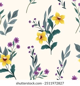 Patrón floral inconsútil, impresión abstracta de la flor, ornamento de la naturaleza con las plantas silvestres. Elegante diseño botánico de moda vintage: flores amarillas dibujadas a mano, hojas verdes Grandes, ramos. Ilustración vectorial