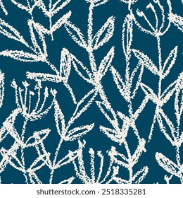 Seamless floral pattern, abstract flower print, sketch ornament of wild plants. Chalk drawing botanical surface design in two colors: large hand drawn line art leaves, flowers. Vector illustration.