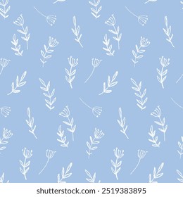 Seamless floral pattern, abstract flower print, hand drawn nature ornament with wild sketch plants. Minimalist botanical design: small flowers, leaves in two colors. Vector chalk drawing illustration.