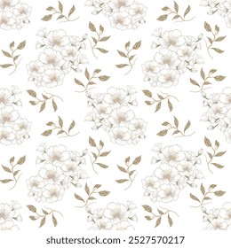 Padrão floral sem emenda, impressão de flor abstrata em estilo vintage romântico. Design botânico elegante desenhado à mão flores selvagens, folhas em composição abstrata. Ilustração vetorial.