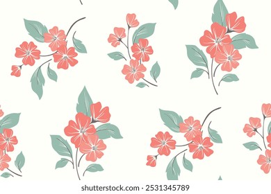 Seamless floral pattern, abstract flower ornament of hand drawn decorative art plants. Botanical design, fabric textile print: red flowers, branches, large green leaves on white. Vector illustration.