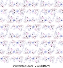 Seamless floral pattern, abstract flower print in romantic vintage style. Elegant botanical design in pink pastel colors: hand drawn wild flowers, leaves in abstract composition. Vector illustratio