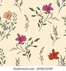 Seamless floral pattern, abstract flower print in romantic vintage style. Elegant botanical design in pink pastel colors: hand drawn wild flowers, leaves in abstract composition