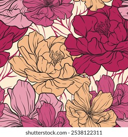 Seamless floral pattern, abstract flower print in romantic vintage style. Elegant botanical design in pink pastel colors: hand drawn wild flowers, leaves in abstract composition