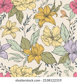 Seamless floral pattern, abstract flower print in romantic vintage style. Elegant botanical design in pink pastel colors: hand drawn wild flowers, leaves in abstract composition