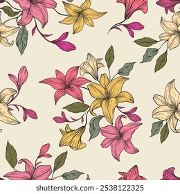 Patrón floral inconsútil, impresión abstracta de la flor en estilo vintage romántico. Elegante diseño botánico en colores pastel rosa: flores silvestres dibujadas a mano, hojas en composición abstracta