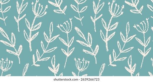 Seamless floral pattern, abstract flower print of large chalk drawn wild plants. Cute botanical design of hand drawn sketch flowers, simple leaves on blue. Vector illustration in two colors.
