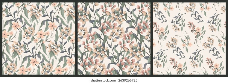 Seamless floral pattern, abstract flower print of delicate hand drawn wild plants. Elegant botanical design collection in pastel colors. Small flowers, large leaves, branches. Vector illustration.