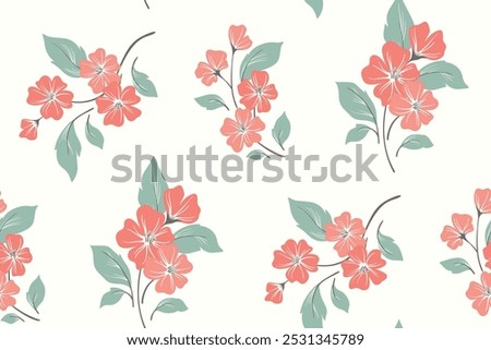 Seamless floral pattern, abstract flower ornament of hand drawn decorative art plants. Botanical design, fabric textile print: red flowers, branches, large green leaves on white. Vector illustration.