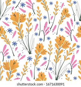 Patrón floral sin soldadura, flores abstractas y hojas sobre fondo blanco. Dibujo manual. Diseño para textiles, papel pintado y productos impresos. Ilustración del vector